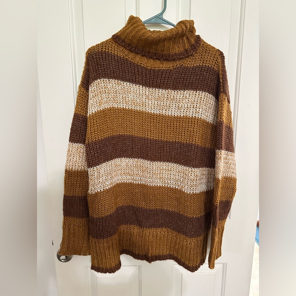 Pink Lily Striped BrownTurtleneck Sweater